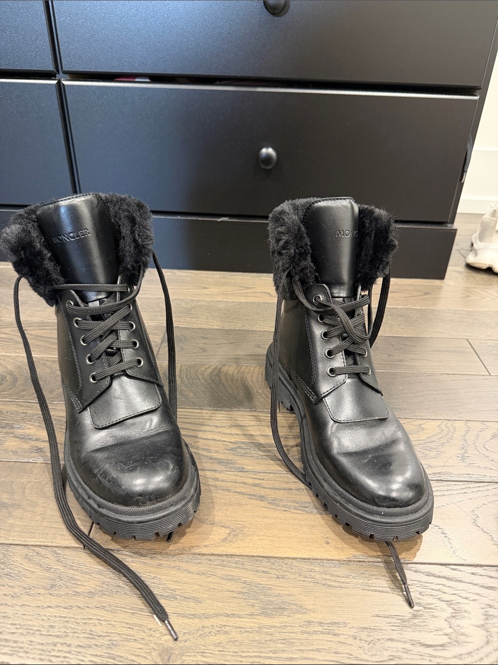 Moncler Black Leather Lace-Up Fur Collar Combat Boots